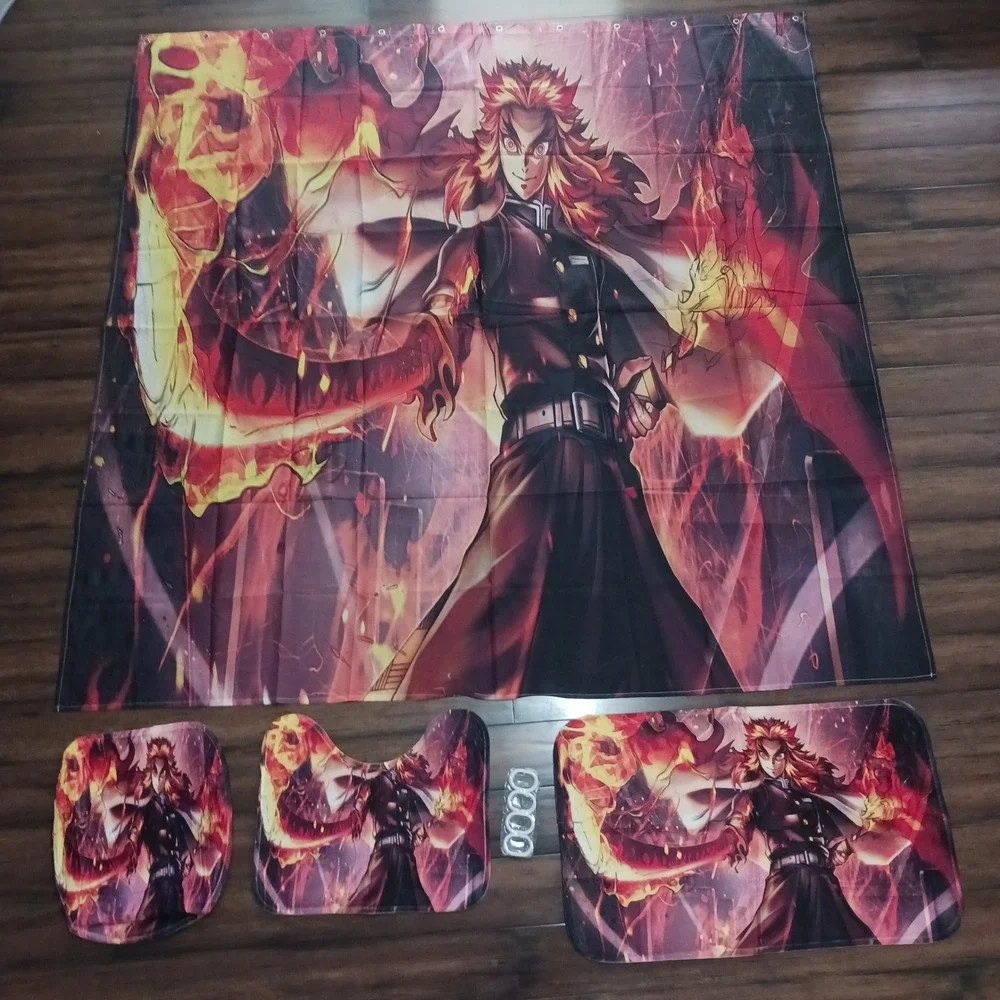 Demon Slayer Rengoku Shower Curtain Bathroom Set 16pc Flame Hashira Anime Decor